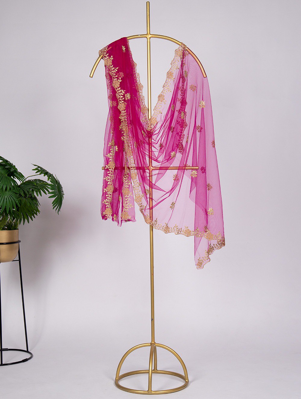 Pink Color Embroidery Cut Work and Stonework Net Dupatta