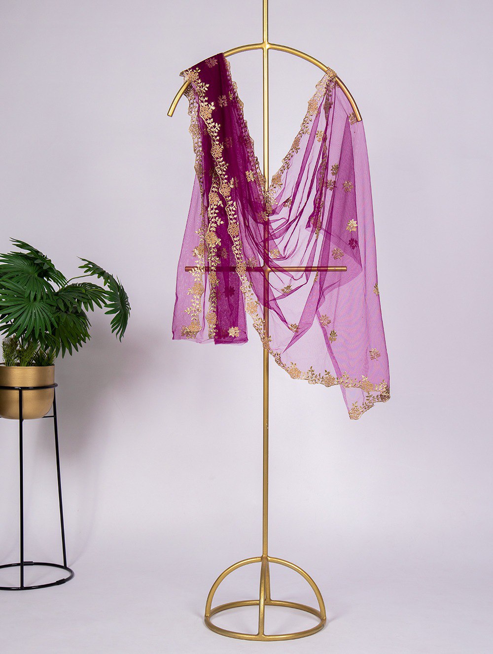 Purple Color Embroidery Cut Work and Stonework Net Dupatta