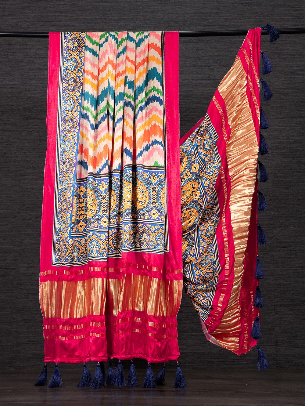 Multi Color Digital Printed Pure Gaji Silk Dupatta With Tassels
