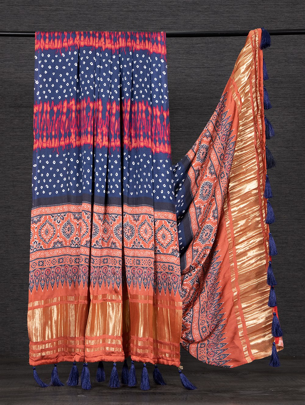 Navy Blue Color Digital Printed Pure Gaji Silk Dupatta With Tassels