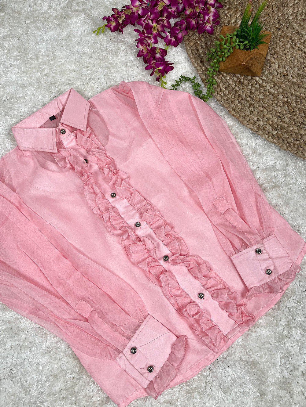 Light Pink Color Organza Plain Shirt