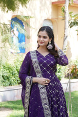 Violet Blooming With Sequins Embroidered Work Gown With Dupatta