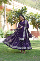 Violet Blooming With Sequins Embroidered Work Gown With Dupatta