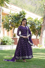 Violet Blooming With Sequins Embroidered Work Gown With Dupatta