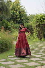 Maroon Banarasi jacquard Silk with Texture designer South Indian Gown