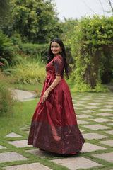 Maroon Banarasi jacquard Silk with Texture designer South Indian Gown