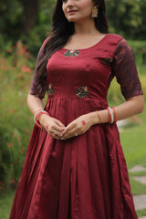 Maroon Banarasi jacquard Silk with Texture designer South Indian Gown