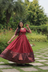 Maroon Banarasi jacquard Silk with Texture designer South Indian Gown