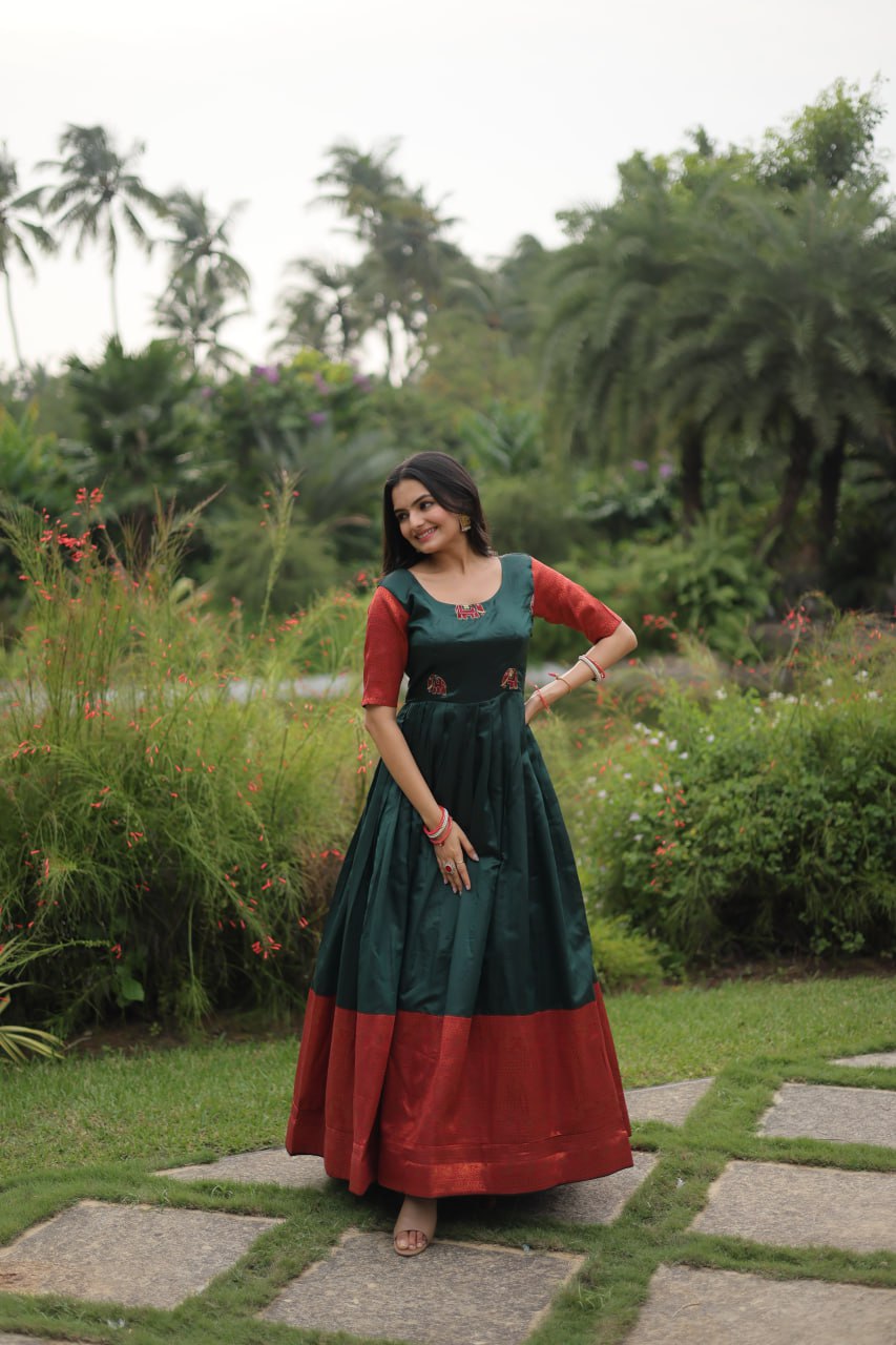 Dark Green Banarasi jacquard Silk with Texture designer South Indian Gown-manmohitfashion.com ManMohit Fashion Dark Green Banarasi jacquard Silk with Texture designer South Indian Gown-manmohitfashion.com ManMohit Fashion