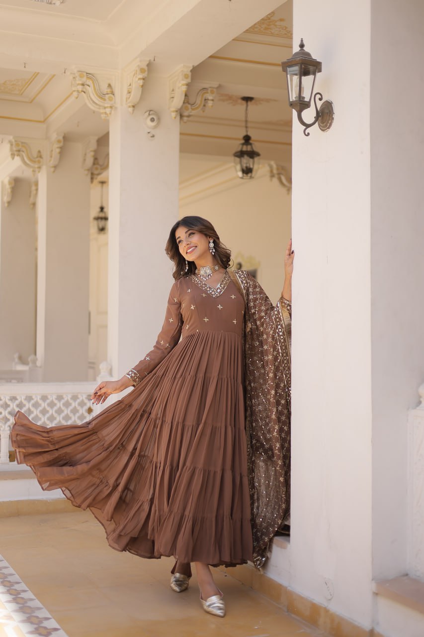 Traditional Brown Attractive Sequins Embroidery Work Designer Festive Wear Gown With Dupatta Traditional Brown Attractive Sequins Embroidery Work Designer Festive Wear Gown With Dupatta