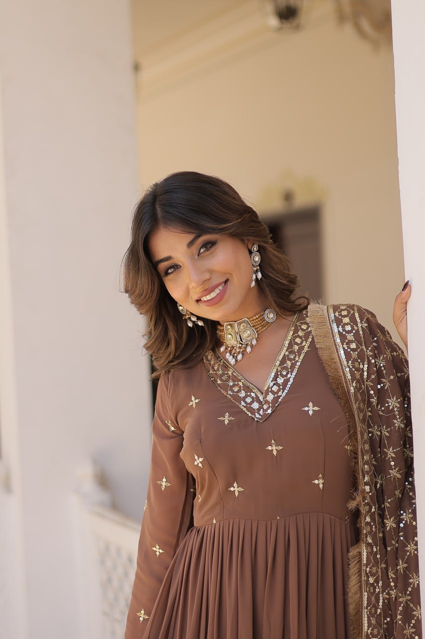 Traditional Brown Attractive Sequins Embroidery Work Designer Festive Wear Gown With Dupatta-manmohitfashion.com ManMohit Fashion Traditional Brown Attractive Sequins Embroidery Work Designer Festive Wear Gown With Dupatta-manmohitfashion.com ManMohit Fashion