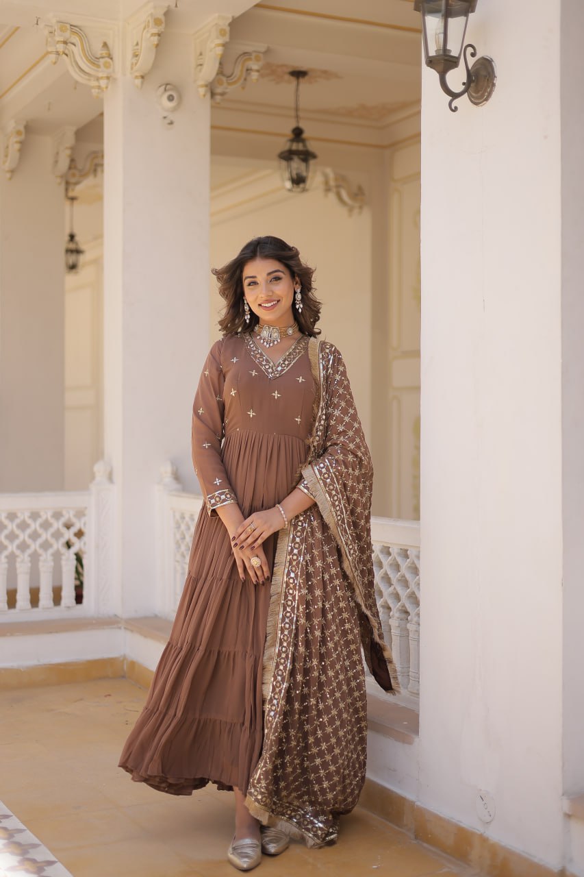 Traditional Brown Attractive Sequins Embroidery Work Designer Festive Wear Gown With Dupatta