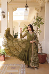 Traditional  Mahendi Attractive Sequins Embroidery Work Designer Festive Wear Gown With Dupatta