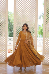 Traditional Mustard Attractive Sequins Embroidery Work Designer Festive Wear Gown With Dupatta