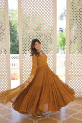 Traditional Mustard Attractive Sequins Embroidery Work Designer Festive Wear Gown With Dupatta