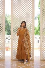 Traditional Mustard Attractive Sequins Embroidery Work Designer Festive Wear Gown With Dupatta