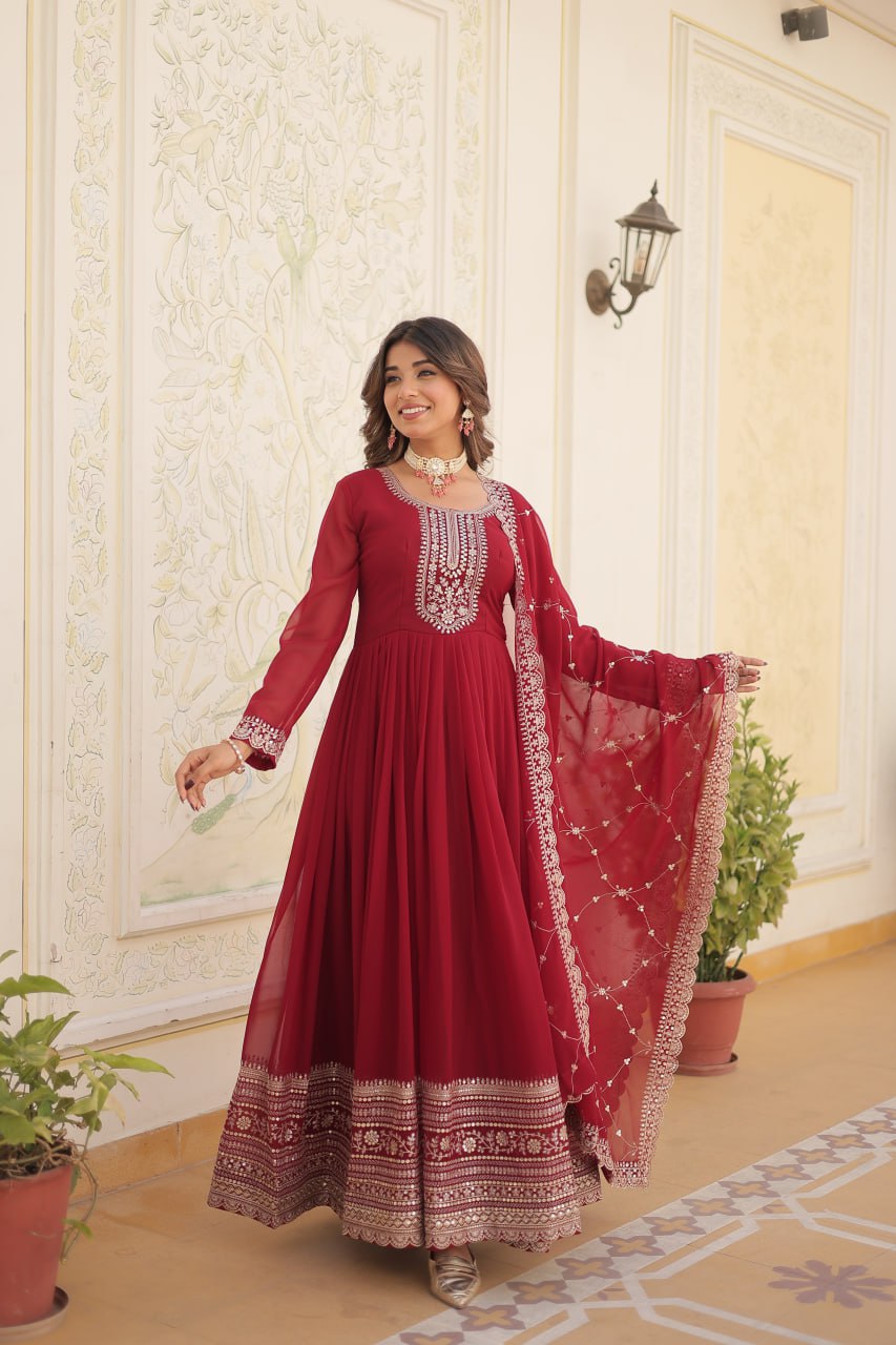 Attrective Faux Blooming With Sequins And Embroidered work Gown With Dupatta