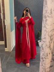Attractive Red Designer Gotha Lace Work Salwar Suit