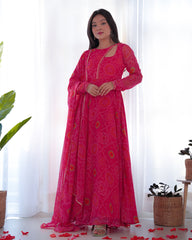 Floral Pink Color Bandhani Print Soft Chiffon Three Piece Anarkali Gown