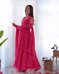 Floral Pink Color Bandhani Print Soft Chiffon Three Piece Anarkali Gown