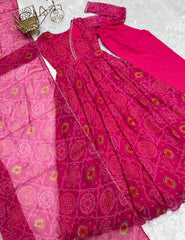 Floral Pink Color Bandhani Print Soft Chiffon Three Piece Anarkali Gown