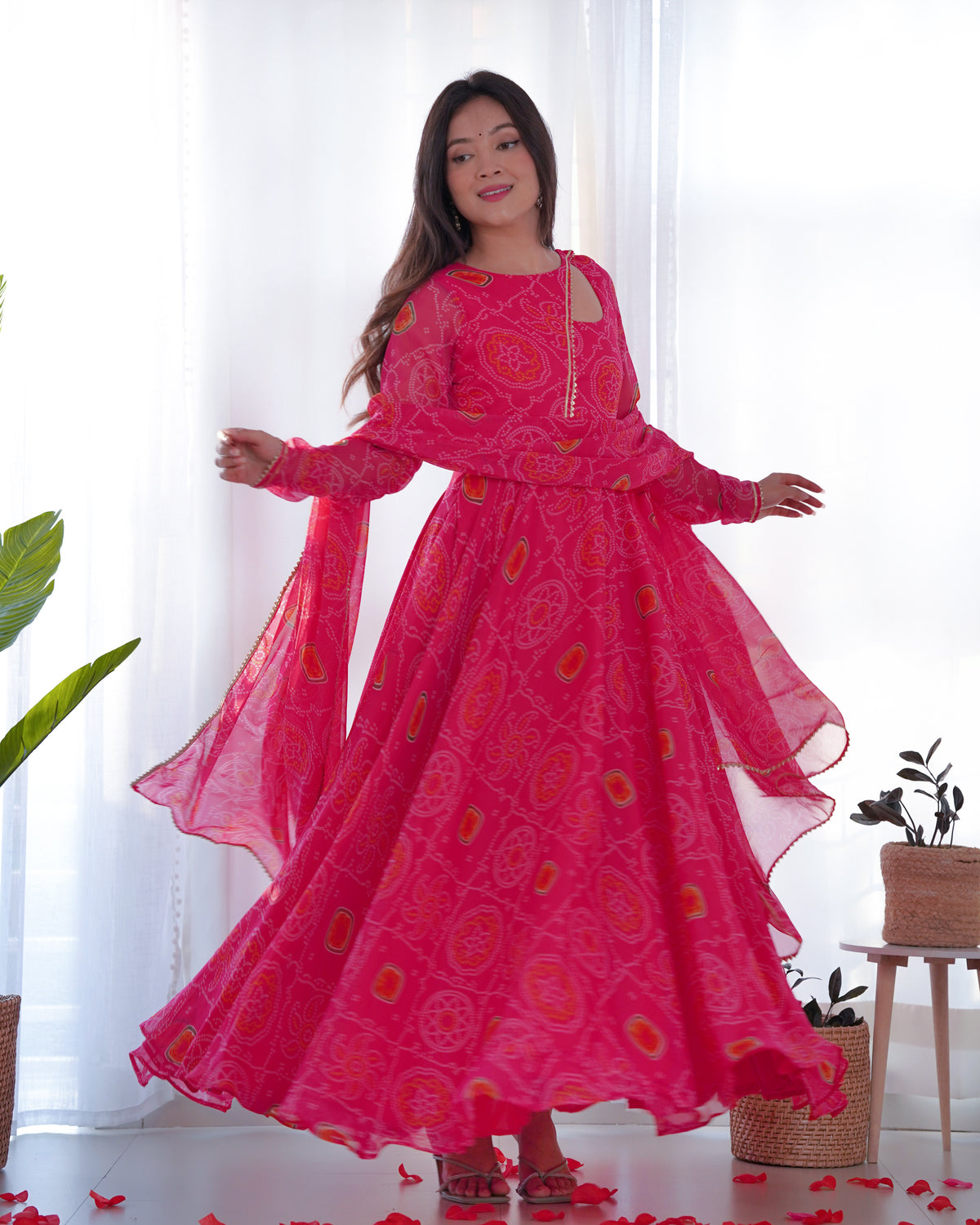 Floral Pink Color Bandhani Print Soft Chiffon Three Piece Anarkali Gown