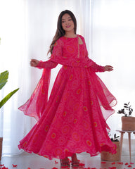 Floral Pink Color Bandhani Print Soft Chiffon Three Piece Anarkali Gown