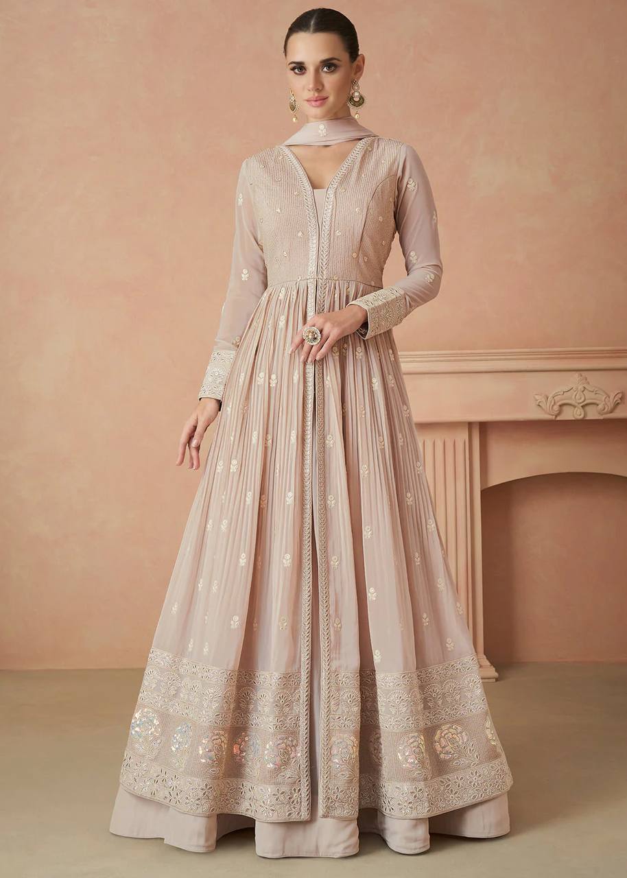 Peach Color Faux Georgette Fabric Embroidery Work Anarkali Gown With Dupatta