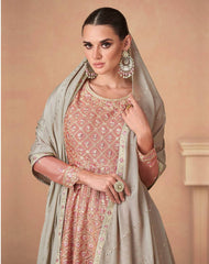 Attrective Peach Desinger Chinon Embroidery Sharara Suit