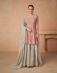 Attrective Peach Desinger Chinon Embroidery Sharara Suit