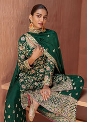 Green Designer Chinon Embroidery Work Suit Set