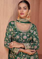 Green Designer Chinon Embroidery Work Suit Set