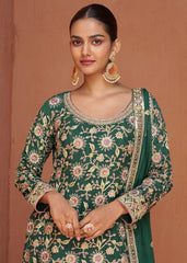 Green Designer Chinon Embroidery Work Suit Set