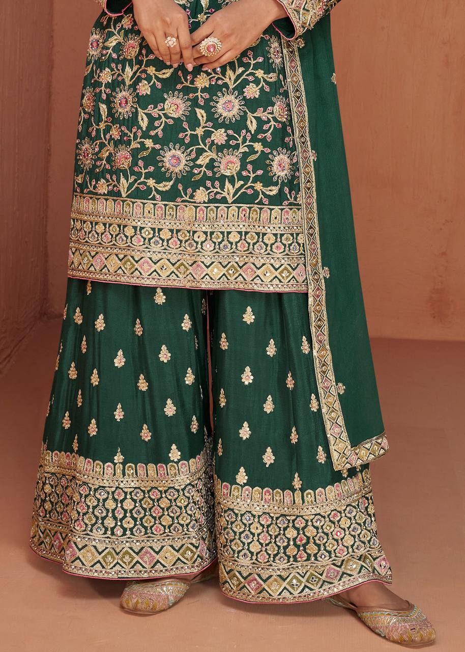 Green Designer Chinon Embroidery Work Suit Set