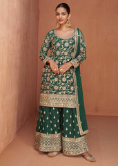 Green Designer Chinon Embroidery Work Suit Set