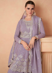 Lavender Chinon Embroidery Work Sharara Suit