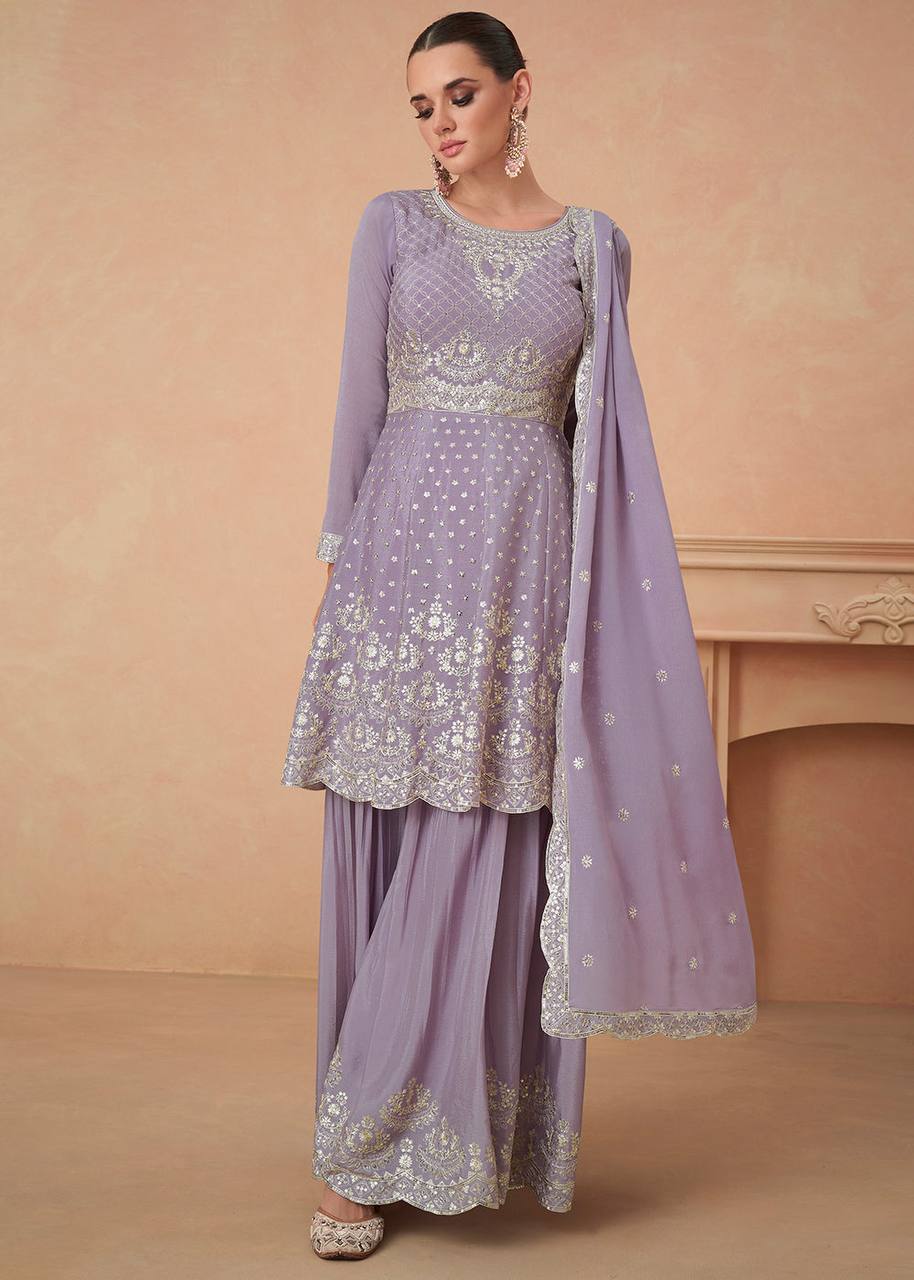 Lavender Chinon Embroidery Work Sharara Suit