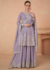 Lavender Chinon Embroidery Work Sharara Suit