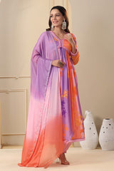 Stunning Pink & Purple Alia Cut Muslin Suit Set with Hand Embroidery & Digital Shine