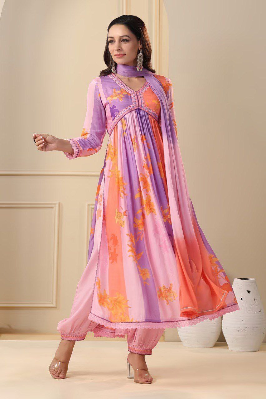 Stunning Pink & Purple Alia Cut Muslin Suit Set with Hand Embroidery & Digital Shine