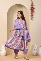 Exquisite Purple Hand-Embroidered Cotton Masleen Alia Cut Suit Set with Digital Shine Prints