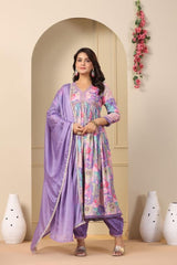 Exquisite Purple Hand-Embroidered Cotton Masleen Alia Cut Suit Set with Digital Shine Prints