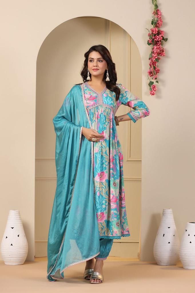 Exquisite Sky Blue Hand-Embroidered Cotton Masleen Alia Cut Suit Set with Digital Shine Prints