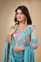 Exquisite Sky Blue Hand-Embroidered Cotton Masleen Alia Cut Suit Set with Digital Shine Prints