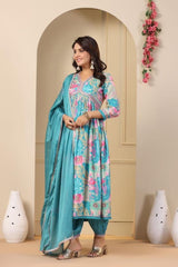 Exquisite Sky Blue Hand-Embroidered Cotton Masleen Alia Cut Suit Set with Digital Shine Prints