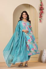 Exquisite Sky Blue Hand-Embroidered Cotton Masleen Alia Cut Suit Set with Digital Shine Prints