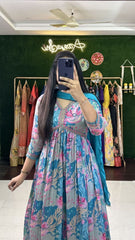 Exquisite Sky Blue Hand-Embroidered Cotton Masleen Alia Cut Suit Set with Digital Shine Prints