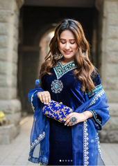 Blue Velvet With inner Thread Work With Sequnce Salwar Suit