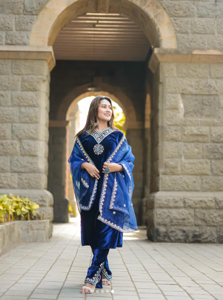 Blue Velvet With inner Thread Work With Sequnce Salwar Suit