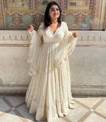 White Color Chikankari Anarkali Gown With Embroidery Work And Dupatta